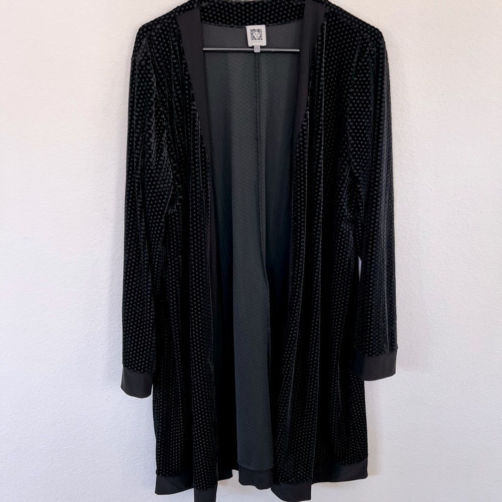 Anne Klein Spotted Black Long Open Front Duster Cardigan